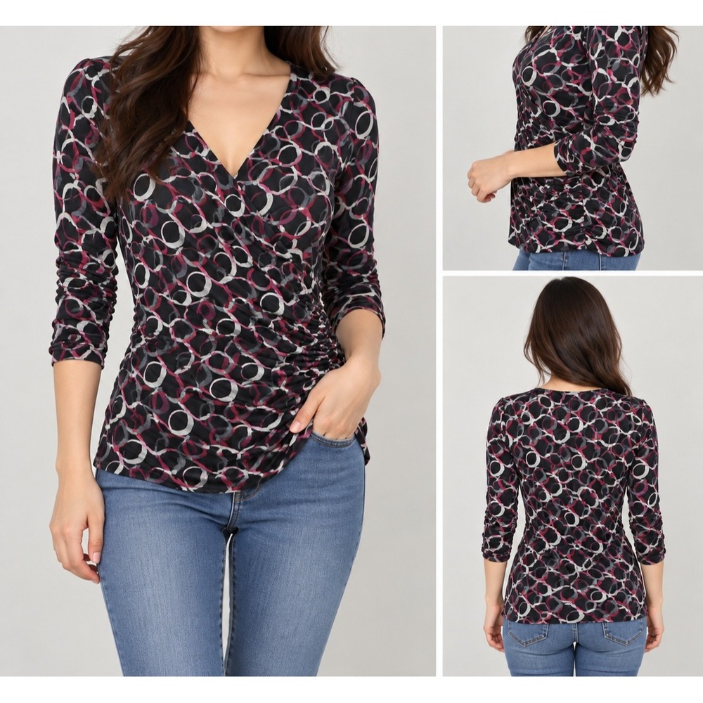 Worthington Geometric Link Print Ruched Surplice Top Black Pink Small